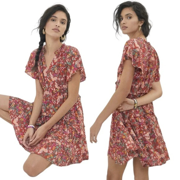 ANTHROPOLOGIE Red Robin Floral Ruffles Spliced Neck Tiered Mini Dress Size XXS - Picture 1 of 12